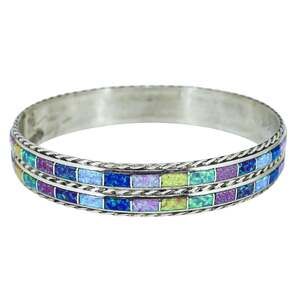 Jessica Chavez JPC Zuni Sterling Silver Double Row Multicolor Inlay Bangle 34.5g